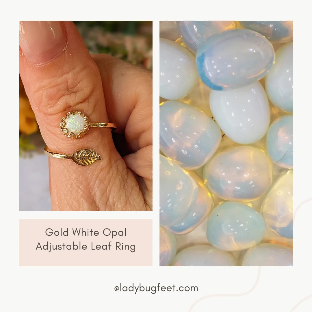 Gold White Opal Adjustable Leaf Ring