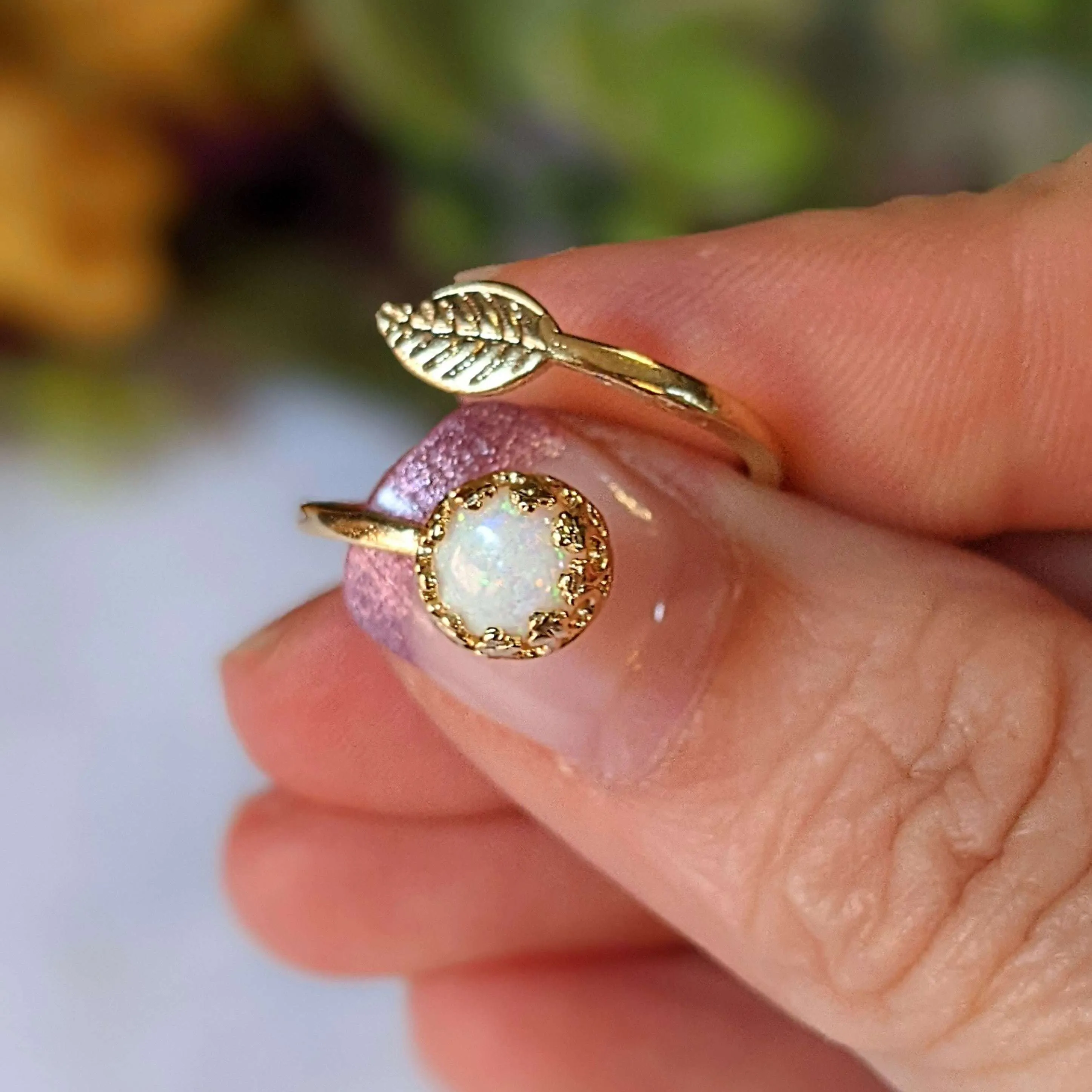 Gold White Opal Adjustable Leaf Ring