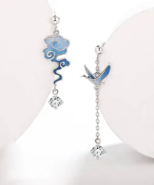 Gradient Color Blue Sterling Silver Asymmetricar Zircon Xiangyun Crane Tassel Drop Earrings LY7770