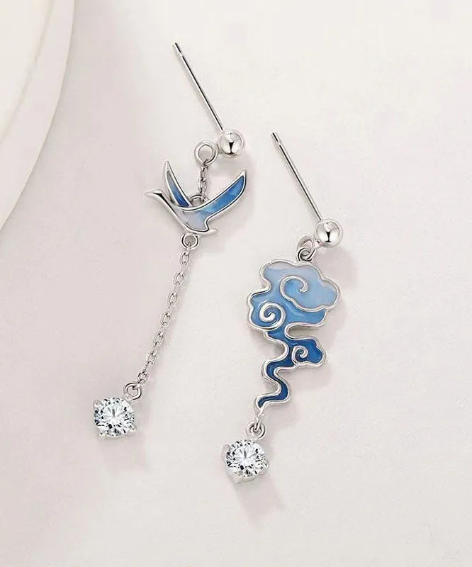 Gradient Color Blue Sterling Silver Asymmetricar Zircon Xiangyun Crane Tassel Drop Earrings LY7770