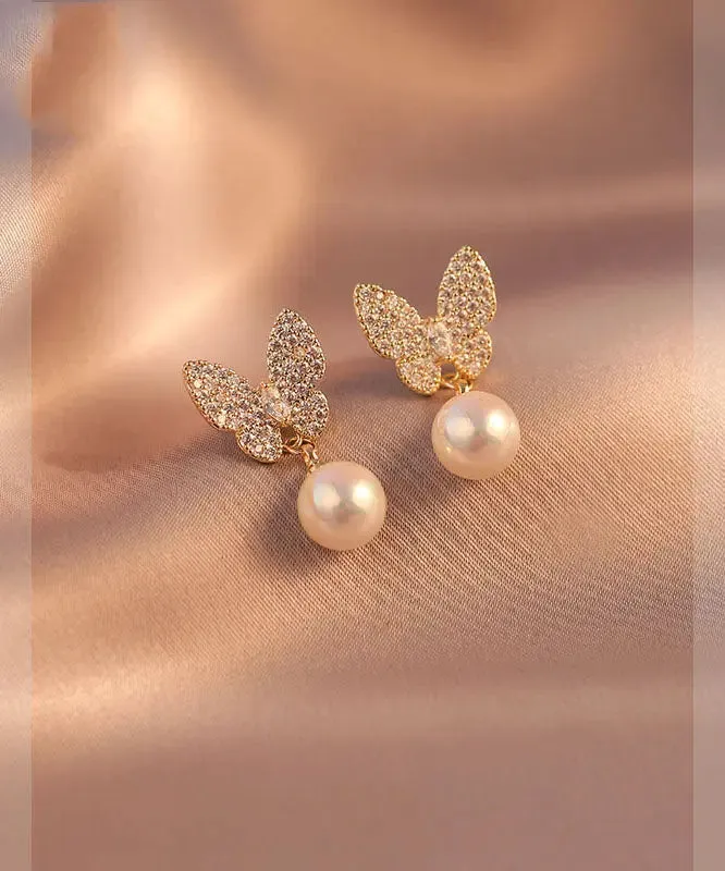 Handmade Apricot Pearl Zircon Asymmetric Butterfly Drop Earrings LY8601