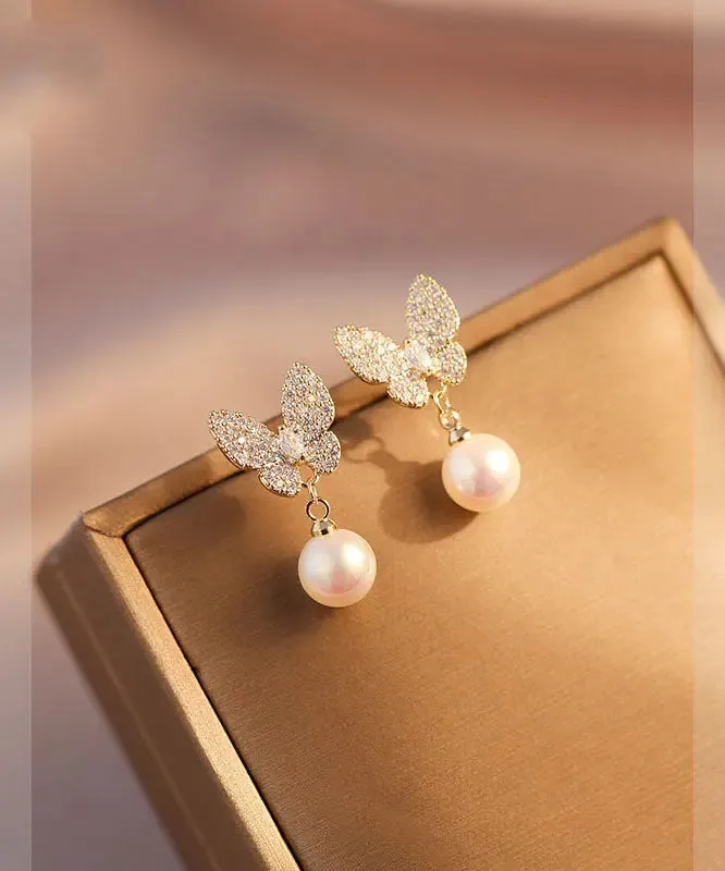 Handmade Apricot Pearl Zircon Asymmetric Butterfly Drop Earrings LY8601
