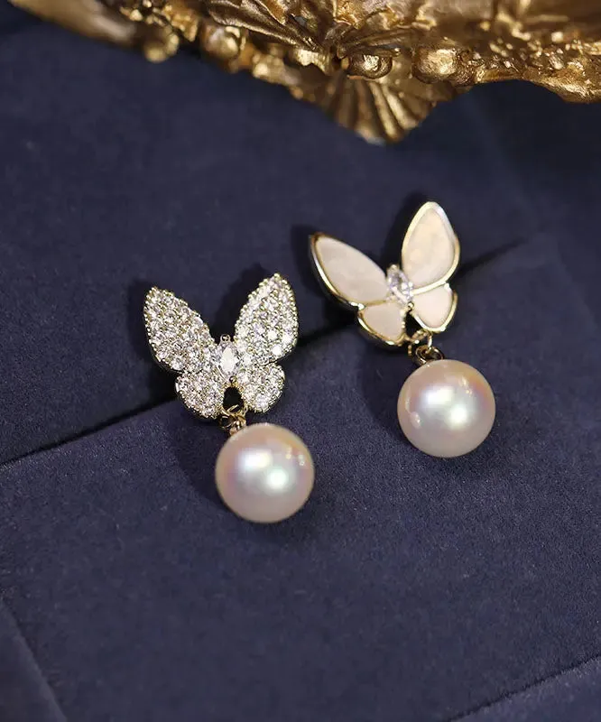Handmade Apricot Pearl Zircon Asymmetric Butterfly Drop Earrings LY8601