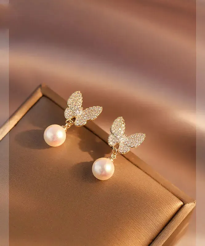 Handmade Apricot Pearl Zircon Asymmetric Butterfly Drop Earrings LY8601