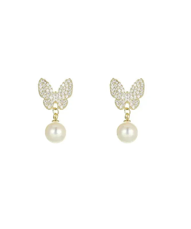 Handmade Apricot Pearl Zircon Asymmetric Butterfly Drop Earrings LY8601