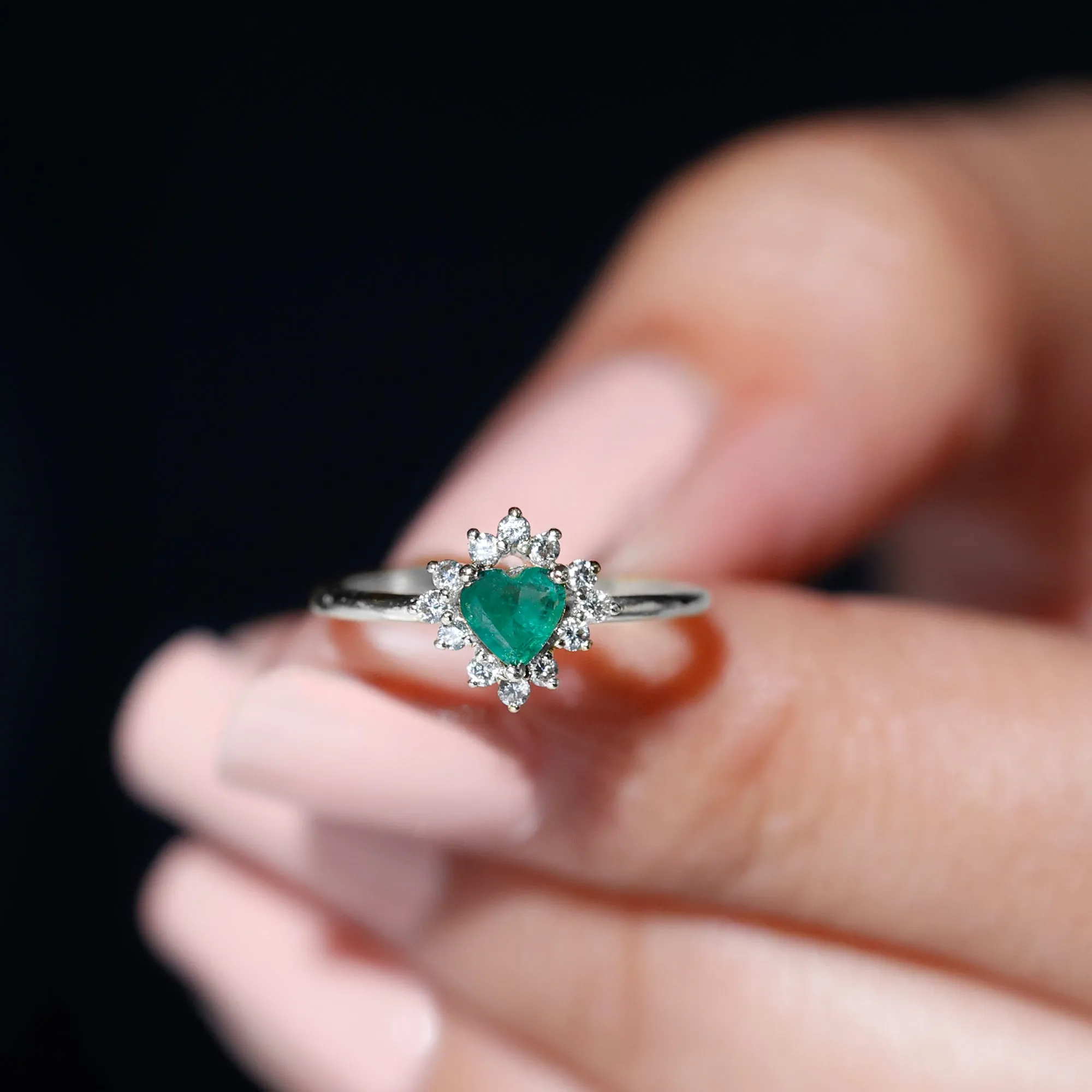 Heart Shape Emerald Promise Ring with Diamond Accent