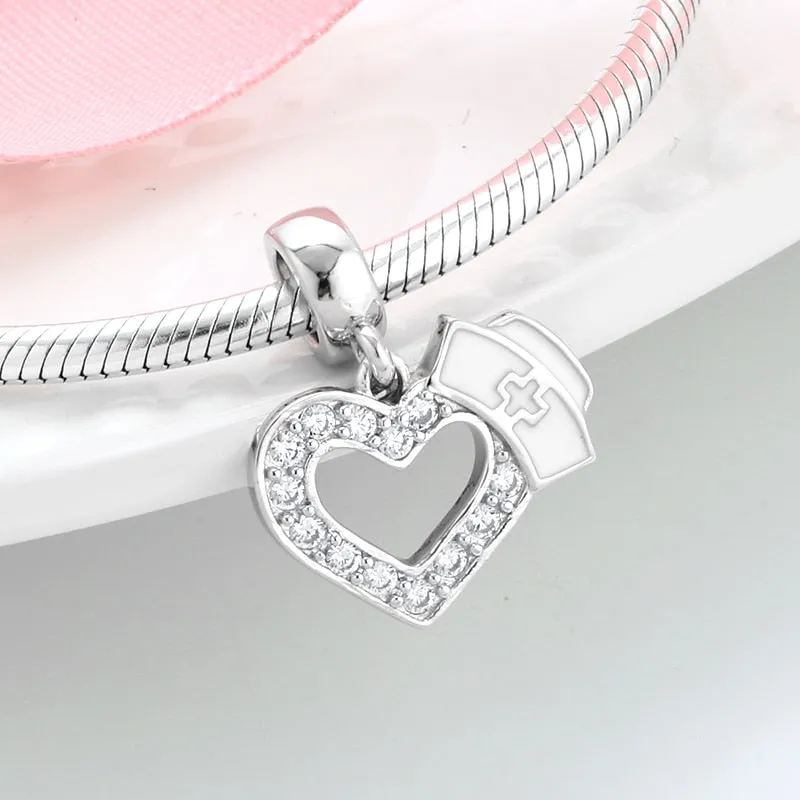 Hot 925 Sterling Silver Love Heart Hat Charm Sparkling CZ Fine Beads fit Original Pandora Bracelets Women Jewelry Making
