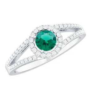 Lab Grown Emerald and Diamond Halo Engagement Ring in Split Shank