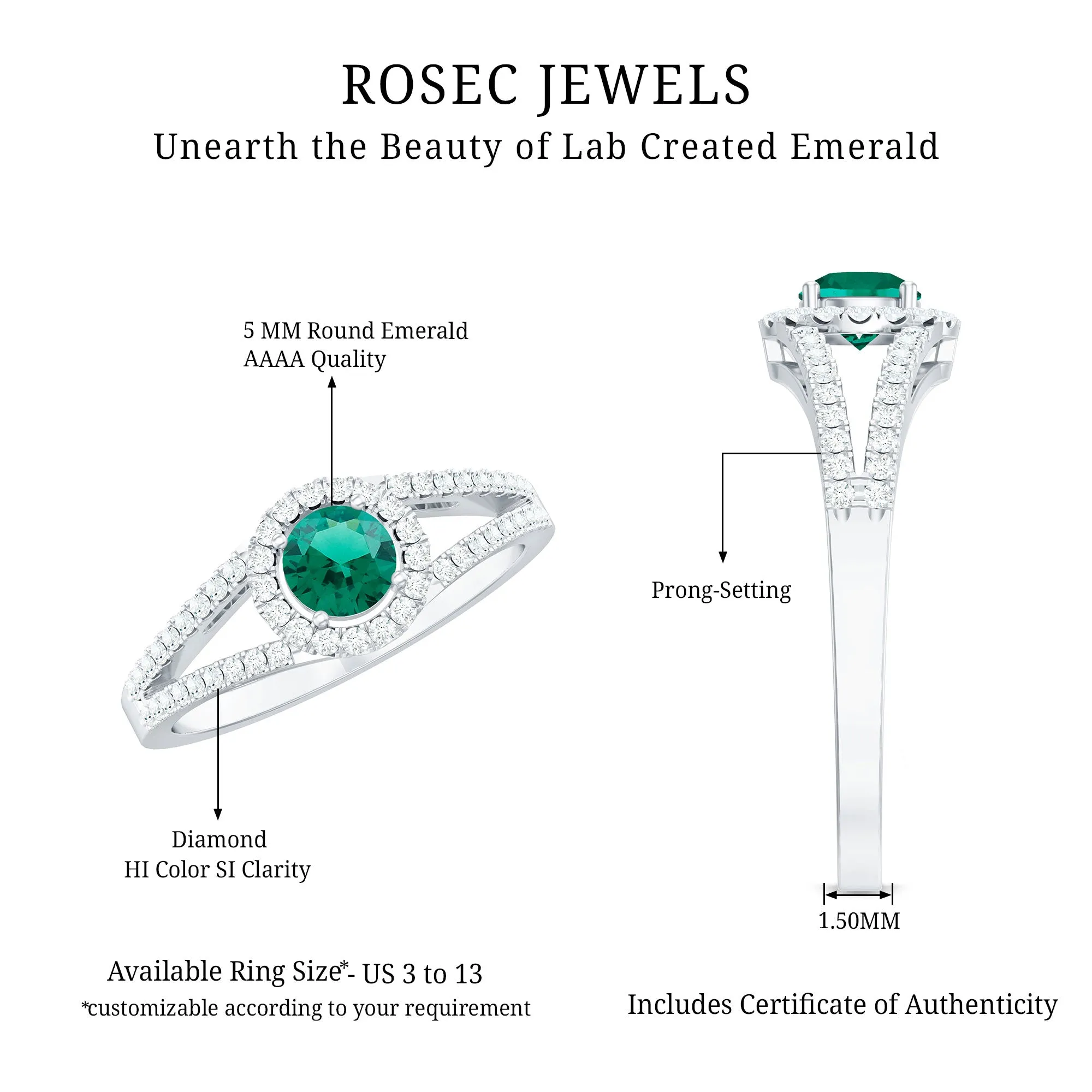 Lab Grown Emerald and Diamond Halo Engagement Ring in Split Shank