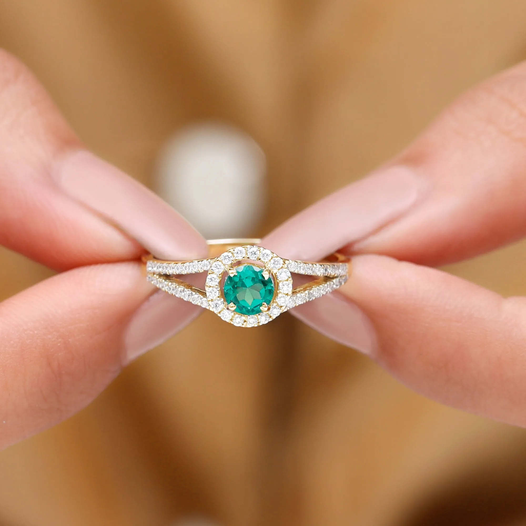 Lab Grown Emerald and Diamond Halo Engagement Ring in Split Shank