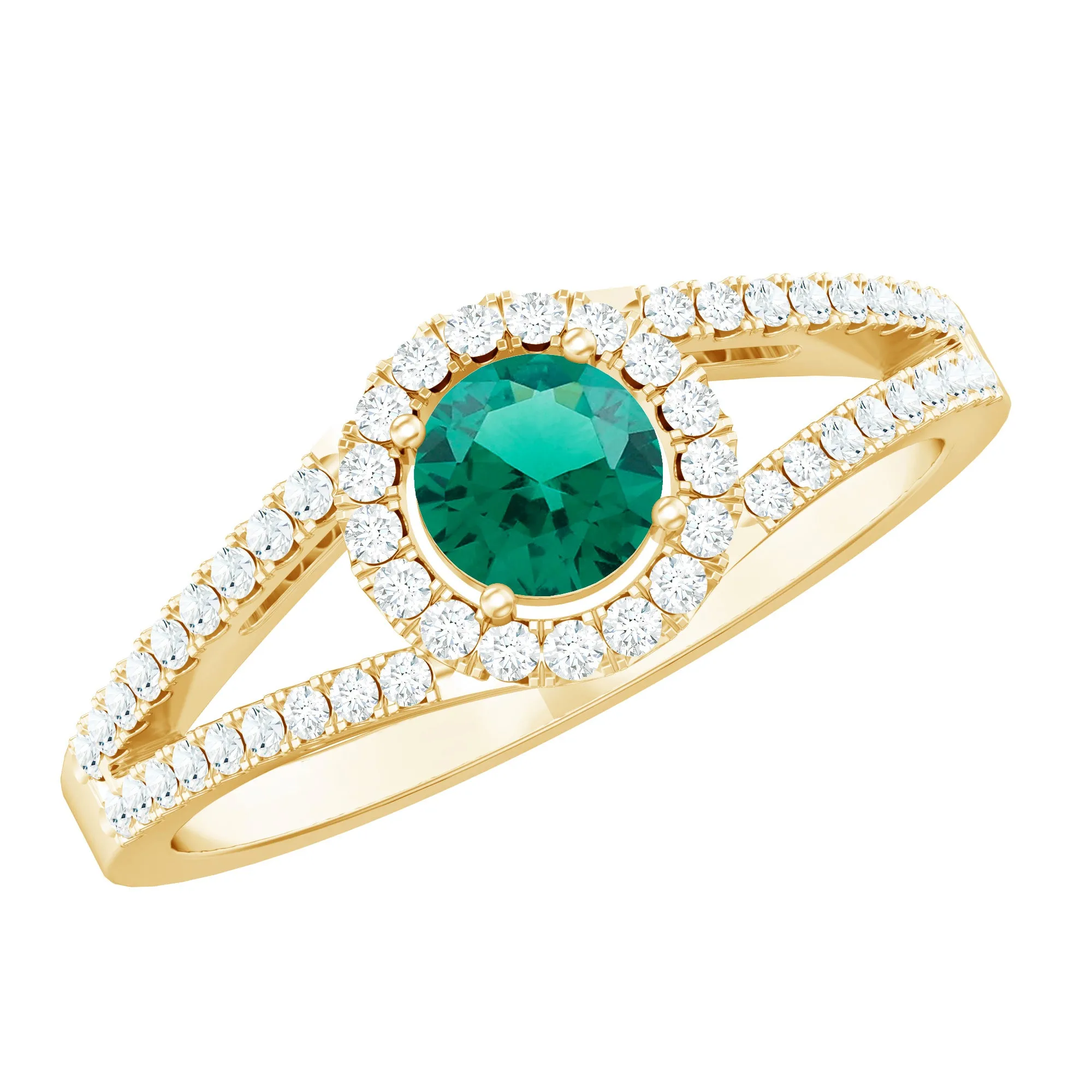 Lab Grown Emerald and Diamond Halo Engagement Ring in Split Shank