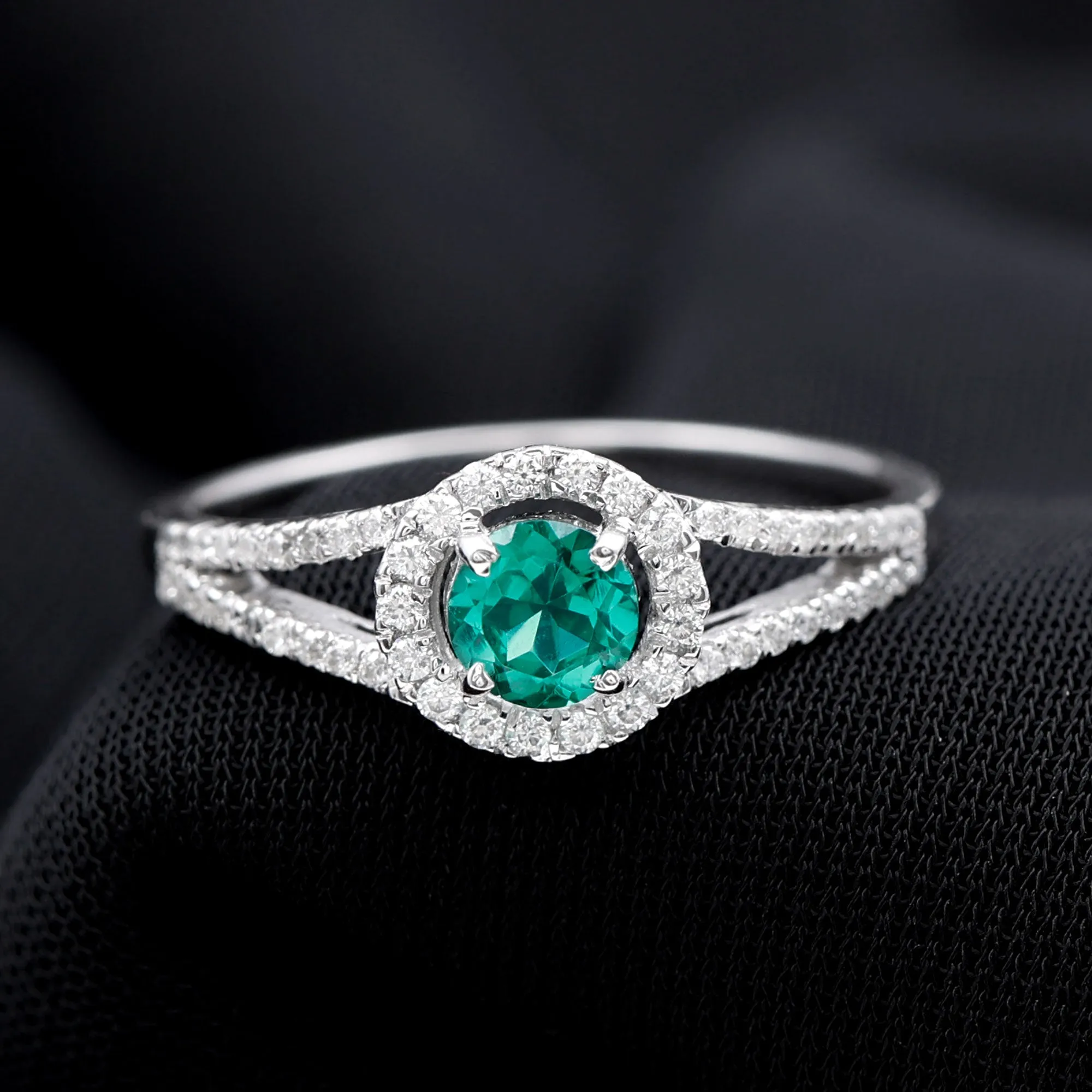 Lab Grown Emerald and Diamond Halo Engagement Ring in Split Shank