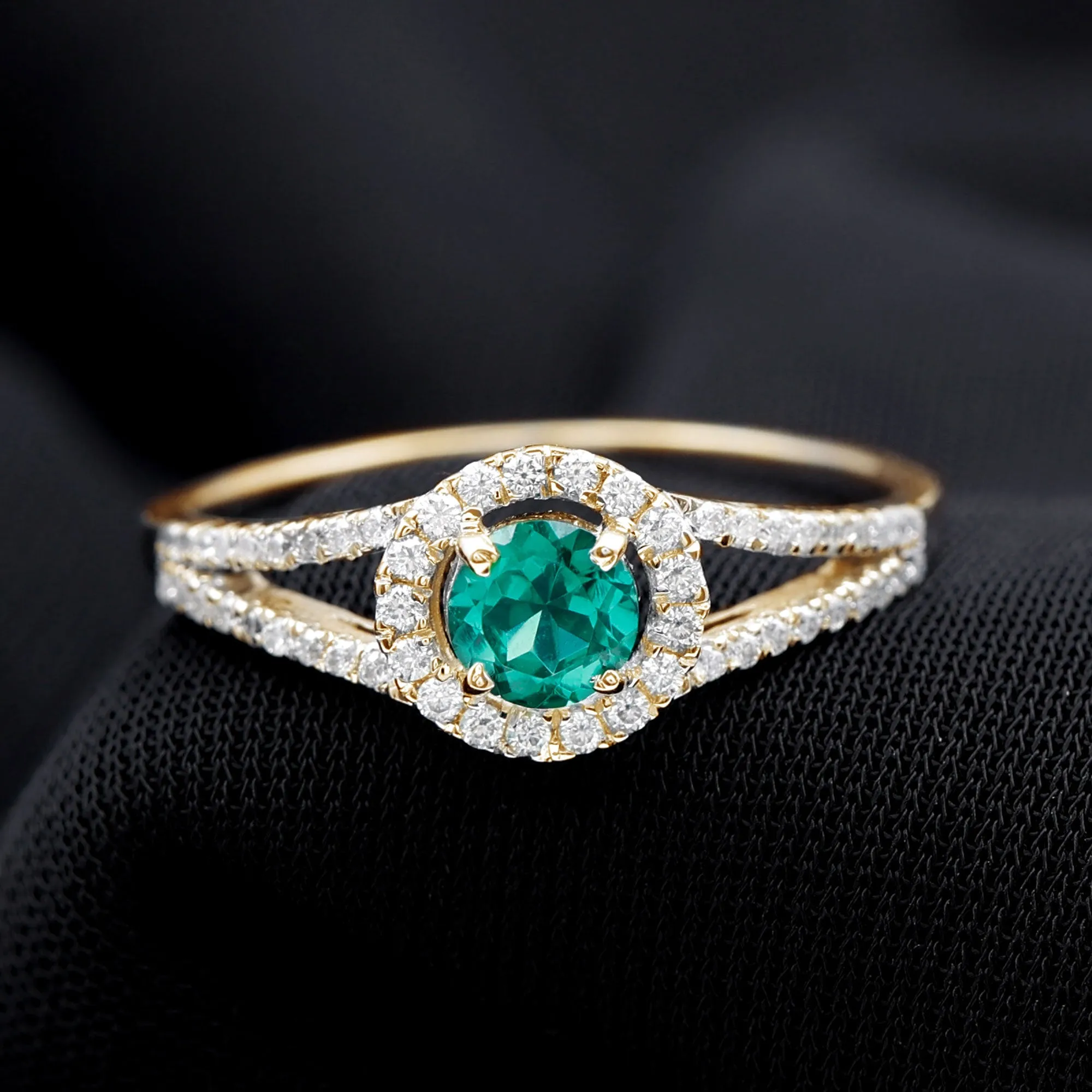 Lab Grown Emerald and Diamond Halo Engagement Ring in Split Shank