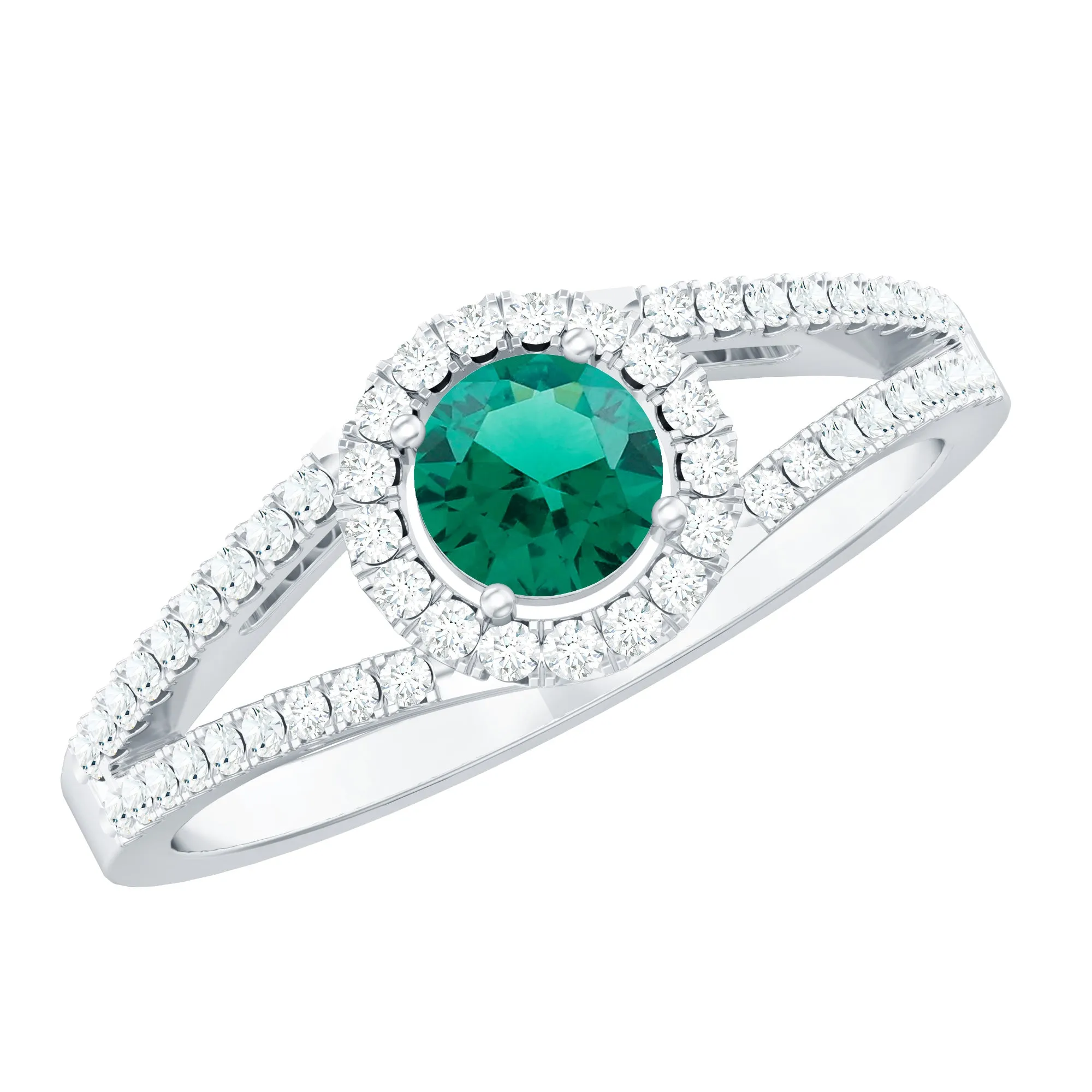 Lab Grown Emerald and Diamond Halo Engagement Ring in Split Shank