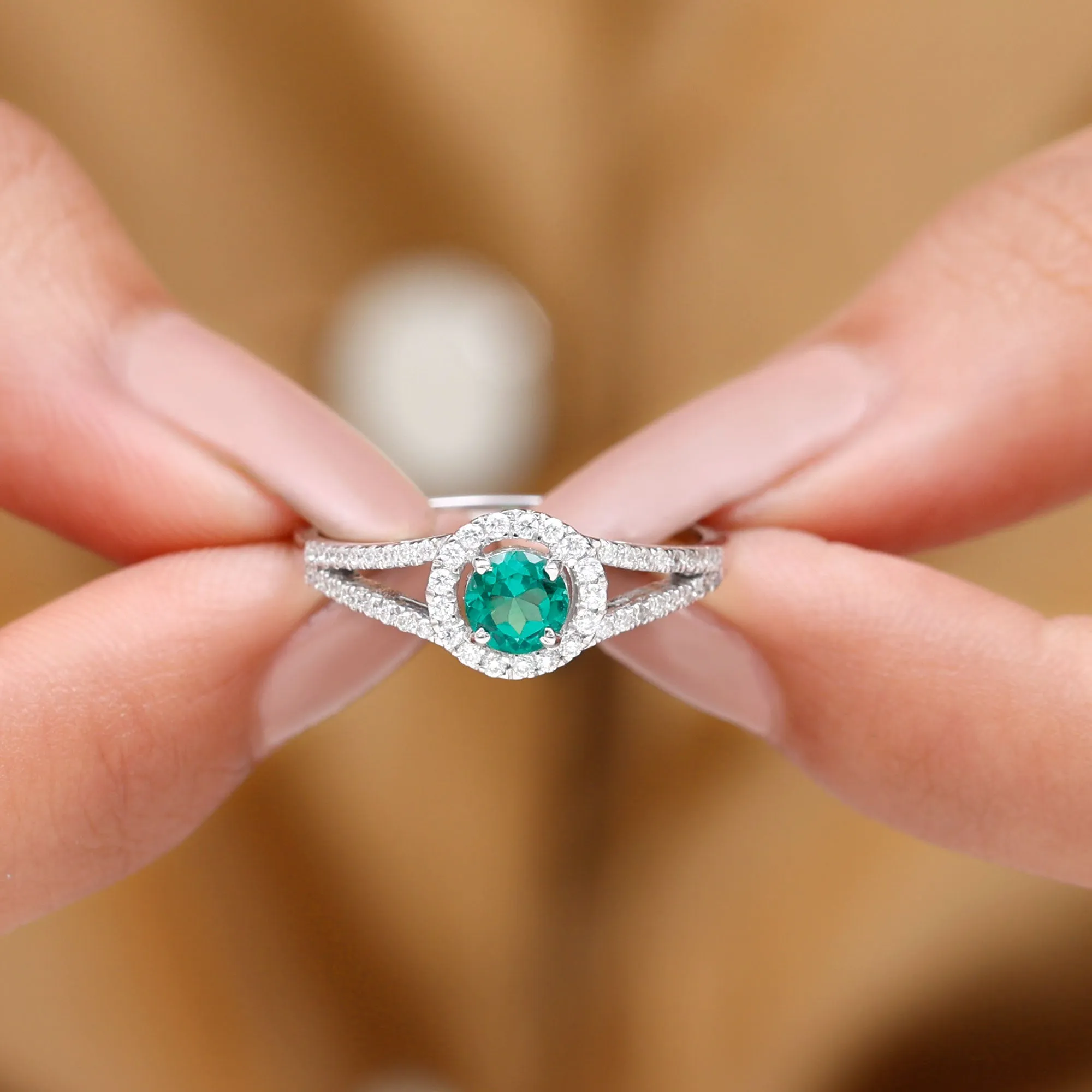 Lab Grown Emerald and Diamond Halo Engagement Ring in Split Shank