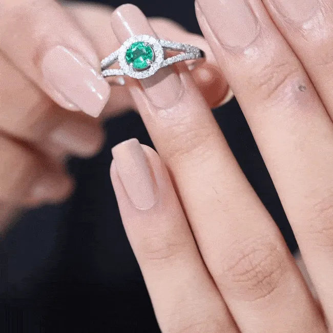 Lab Grown Emerald and Diamond Halo Engagement Ring in Split Shank