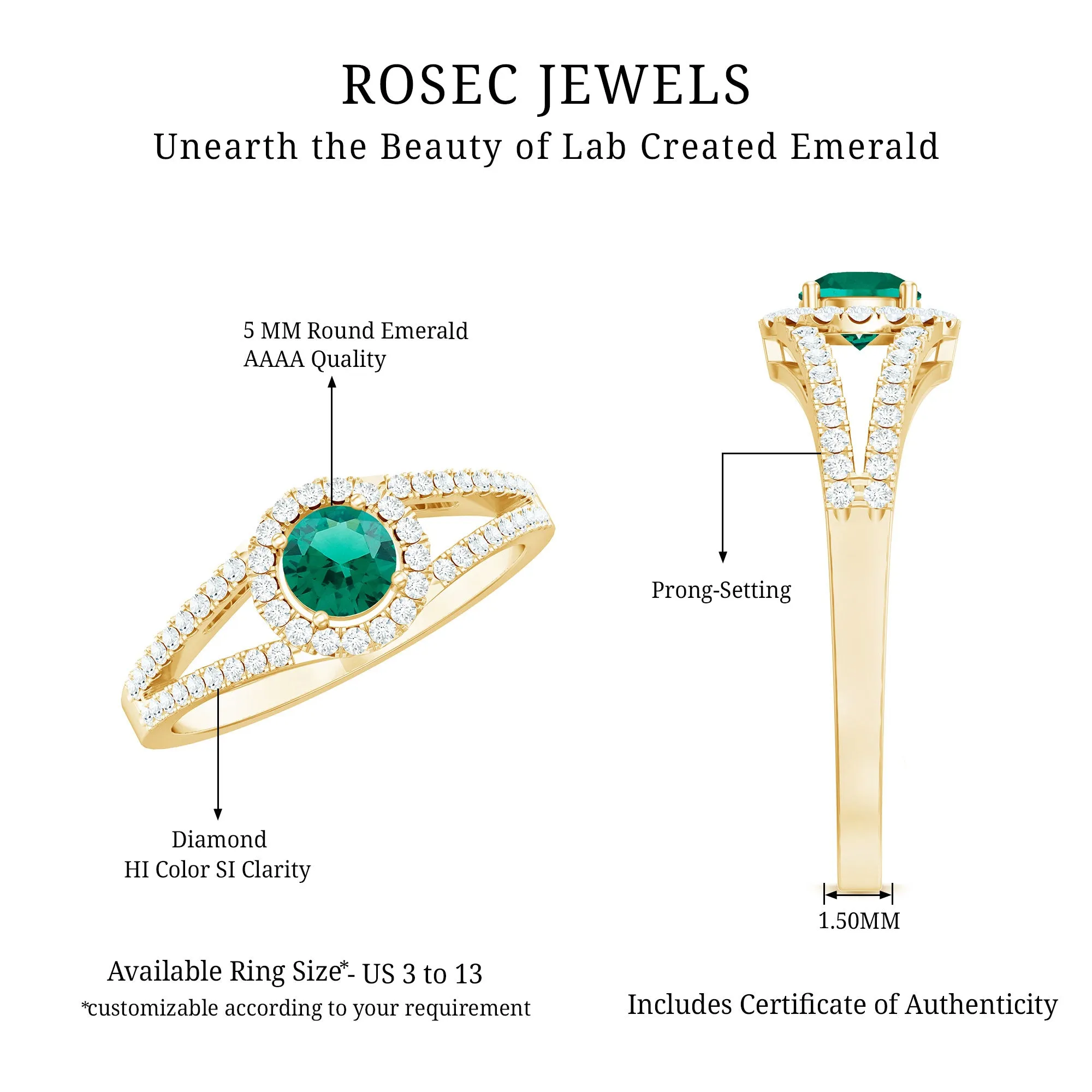 Lab Grown Emerald and Diamond Halo Engagement Ring in Split Shank