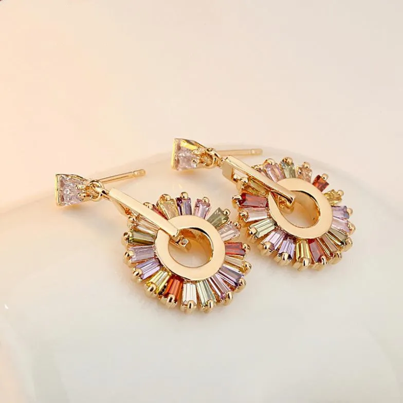Luxury 18K Champagne Gold Plated Drop Earrings with Multicolor Zircon For Women Wedding Jewelry