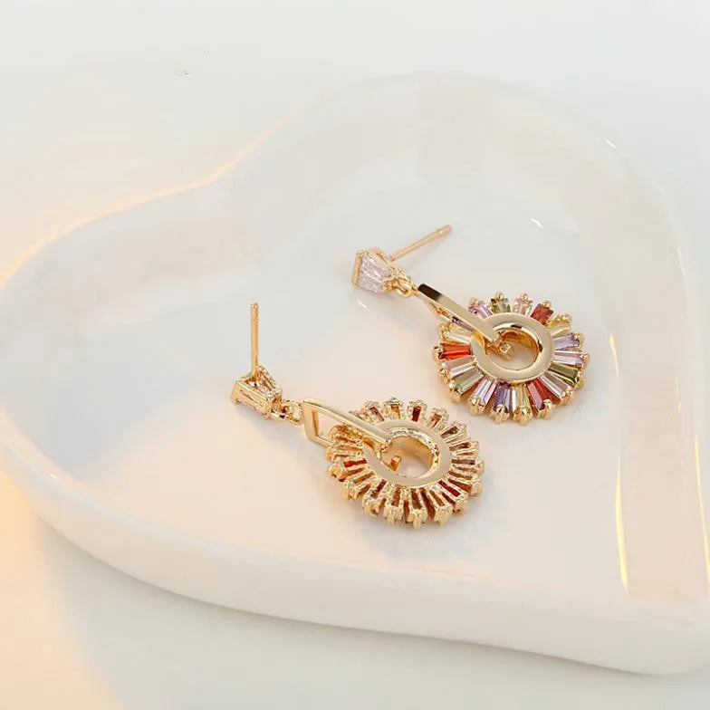 Luxury 18K Champagne Gold Plated Drop Earrings with Multicolor Zircon For Women Wedding Jewelry