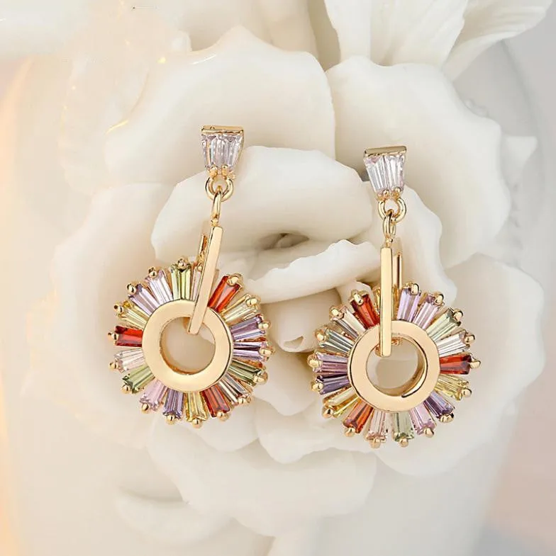 Luxury 18K Champagne Gold Plated Drop Earrings with Multicolor Zircon For Women Wedding Jewelry