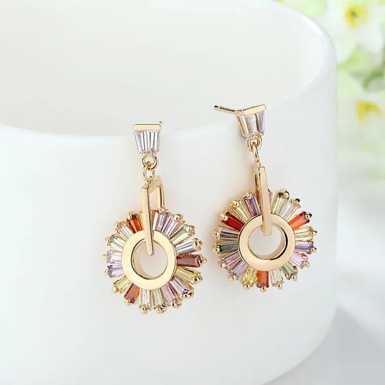 Luxury 18K Champagne Gold Plated Drop Earrings with Multicolor Zircon For Women Wedding Jewelry
