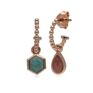 Mini Statement Rhodochrosit & Amazonite Asymmetrische Creolen in Rose Vergoldetem 925 Sterling Silber