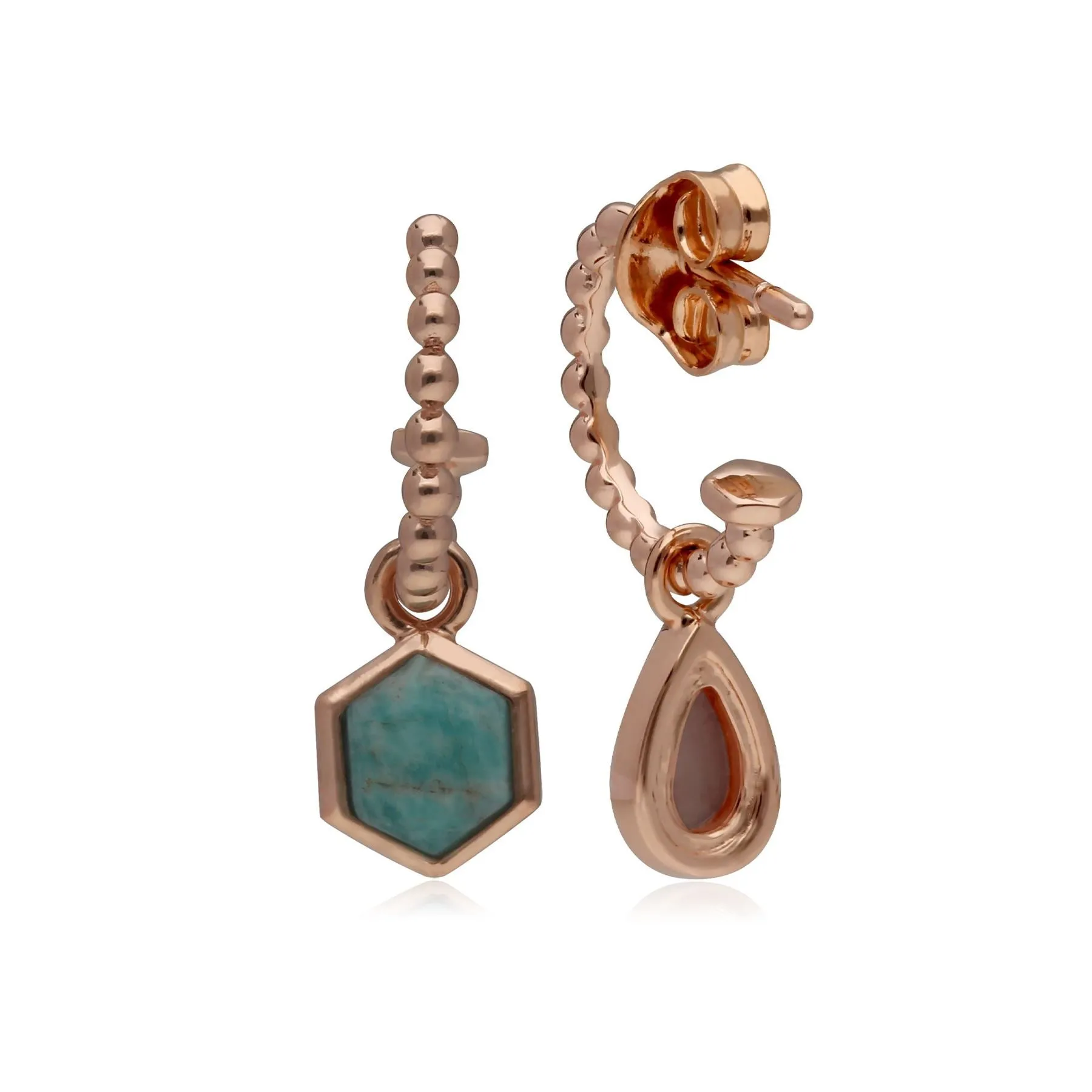 Mini Statement Rhodochrosit & Amazonite Asymmetrische Creolen in Rose Vergoldetem 925 Sterling Silber