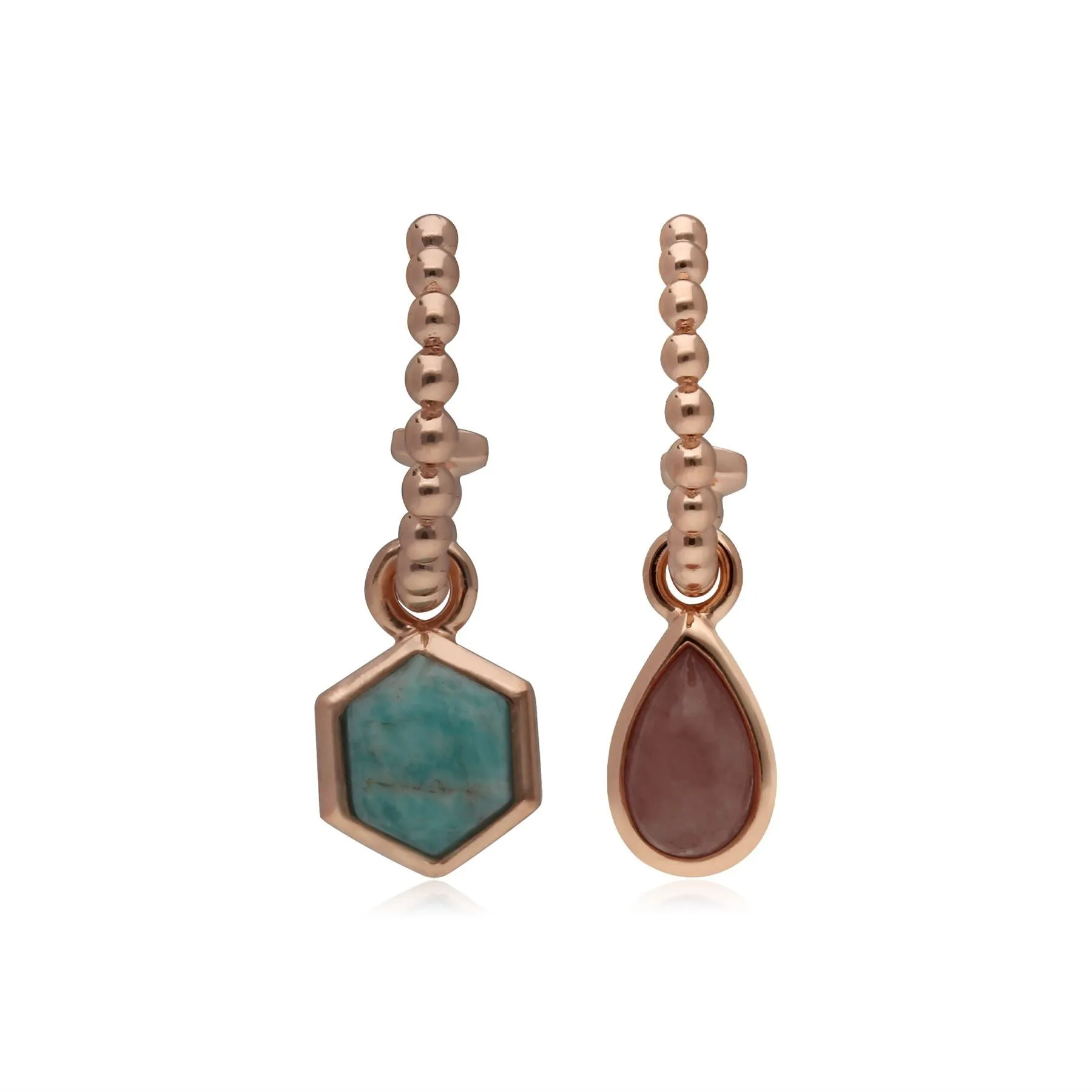 Mini Statement Rhodochrosit & Amazonite Asymmetrische Creolen in Rose Vergoldetem 925 Sterling Silber