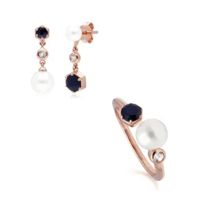 Moderne Perle, Saphir & Topas Ring & Ohrring in Rose Vergoldetem Sterling Silber