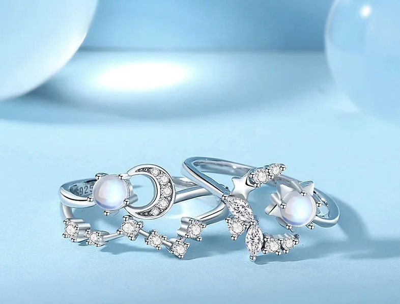 New star and moon bestie ring women's s925 sterling silver fairy style colorful glass stone ring opening adjustable