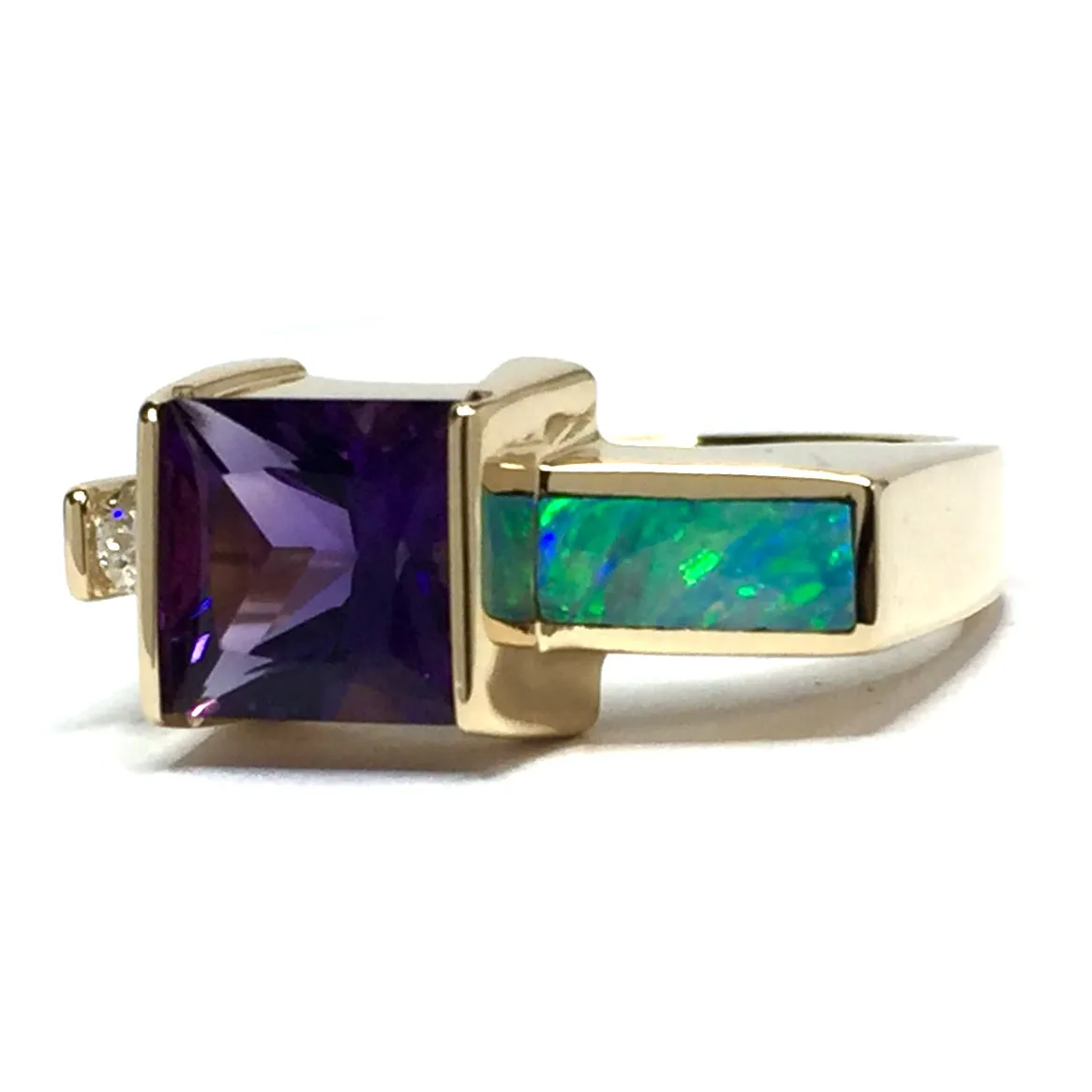 Opal Rings Rectangle Inlaid Princess Cut Amethyst and .06ct Diamond