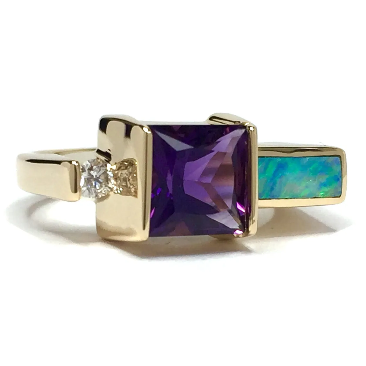 Opal Rings Rectangle Inlaid Princess Cut Amethyst and .06ct Diamond