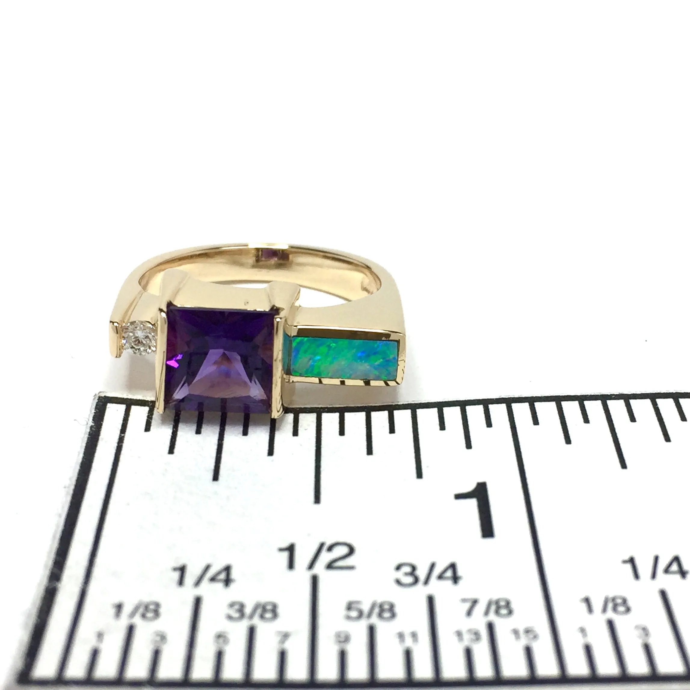 Opal Rings Rectangle Inlaid Princess Cut Amethyst and .06ct Diamond