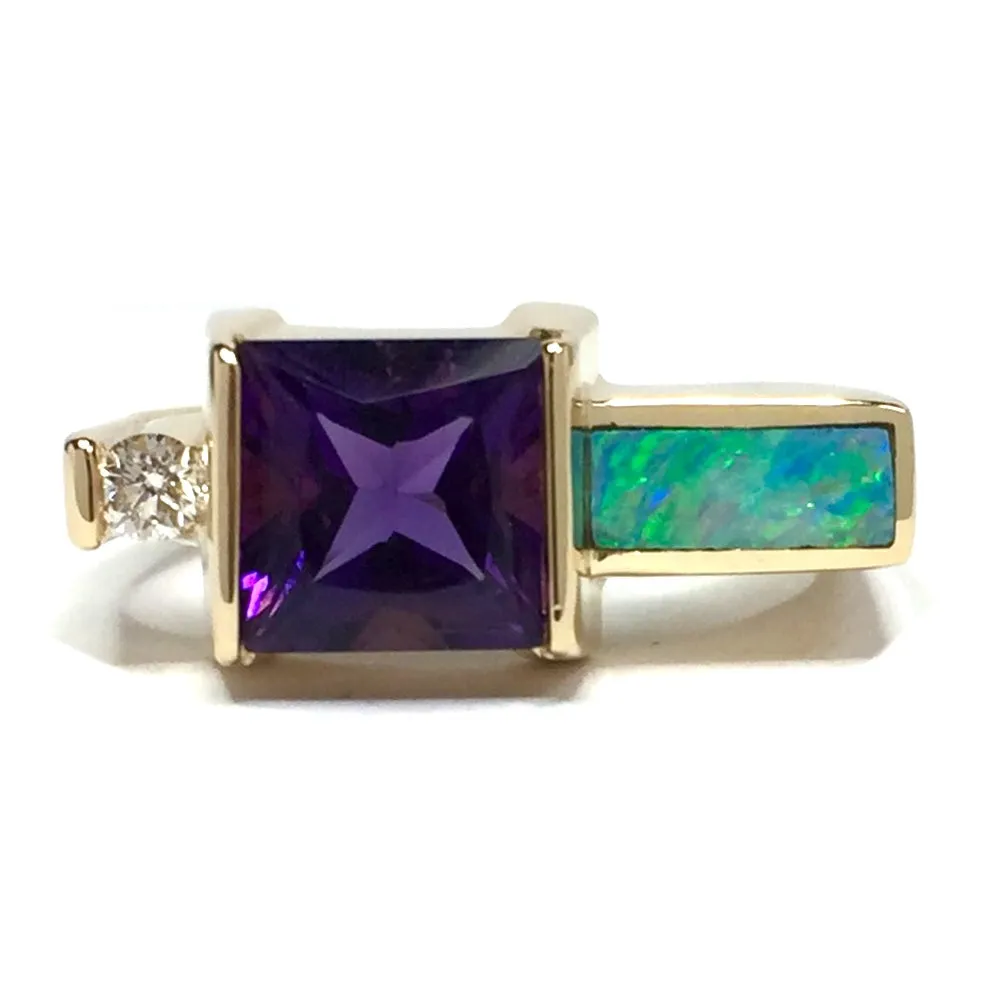 Opal Rings Rectangle Inlaid Princess Cut Amethyst and .06ct Diamond