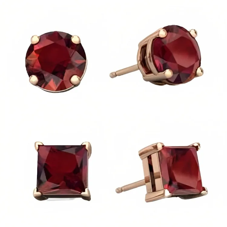 Paris Jewelry 18k Rose Gold 2 Pair Created Garnet 4mm, 6mm Round & Princess Cut Stud Earrings Plated