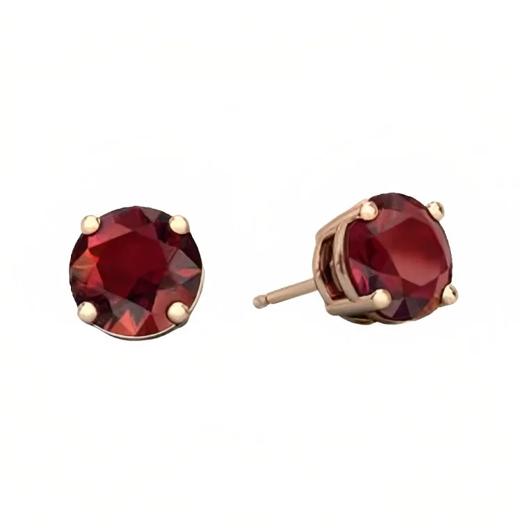 Paris Jewelry 18k Rose Gold 2 Pair Created Garnet 4mm, 6mm Round & Princess Cut Stud Earrings Plated