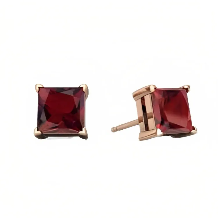 Paris Jewelry 18k Rose Gold 2 Pair Created Garnet 4mm, 6mm Round & Princess Cut Stud Earrings Plated