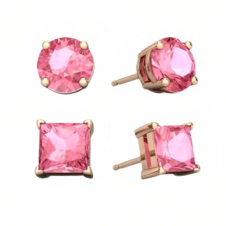 Paris Jewelry 18k Rose Gold 2 Pair Created Tourmaline 6mm Round & Princess Cut Stud Earrings Plated
