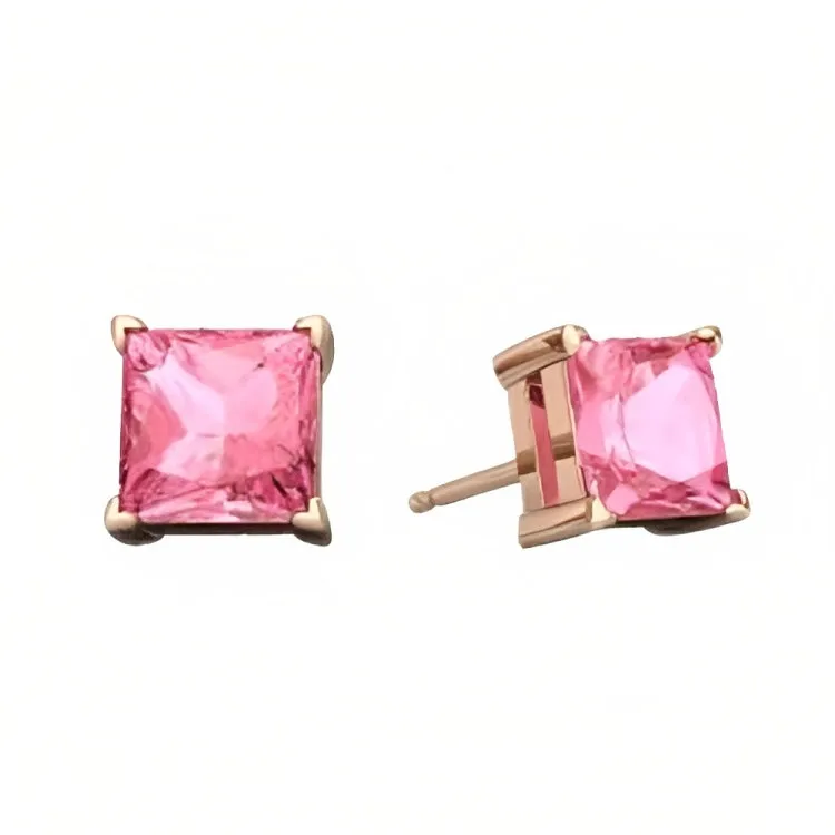 Paris Jewelry 18k Rose Gold 2 Pair Created Tourmaline 6mm Round & Princess Cut Stud Earrings Plated