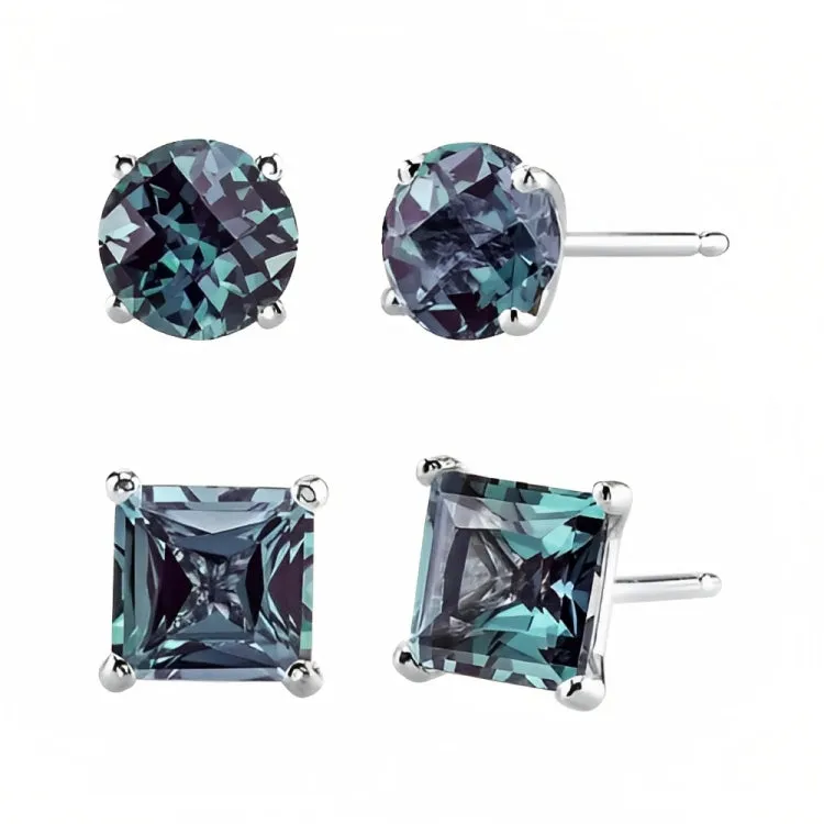 Paris Jewelry 18k White Gold 2 Pair Created Alexandrite 6mm Round & Princess Cut Stud Earrings Plated