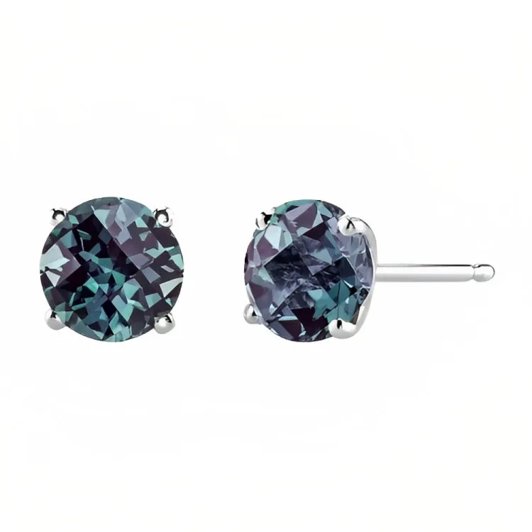 Paris Jewelry 18k White Gold 2 Pair Created Alexandrite 6mm Round & Princess Cut Stud Earrings Plated