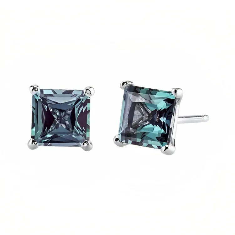 Paris Jewelry 18k White Gold 2 Pair Created Alexandrite 6mm Round & Princess Cut Stud Earrings Plated