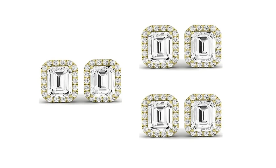 Paris jewelry 18k Yellow Gold 4mm 3Ct Emerald Cut White Sapphire Set Of Three Halo Stud Earrings Plated