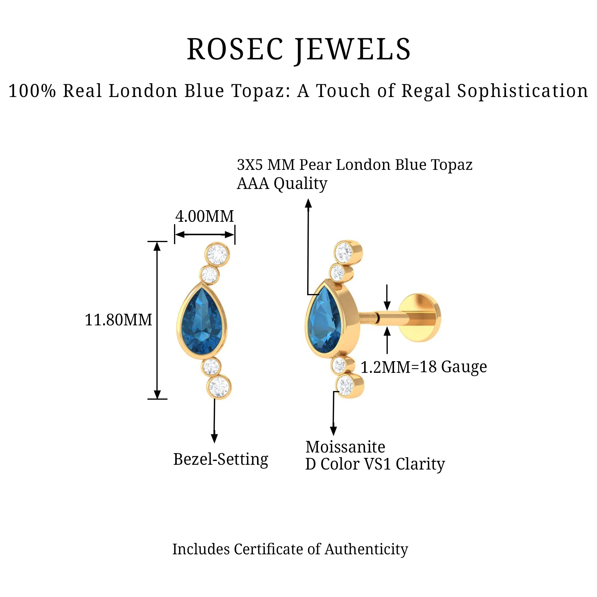 Pear London Blue Topaz Crawler Earring with Moissanite