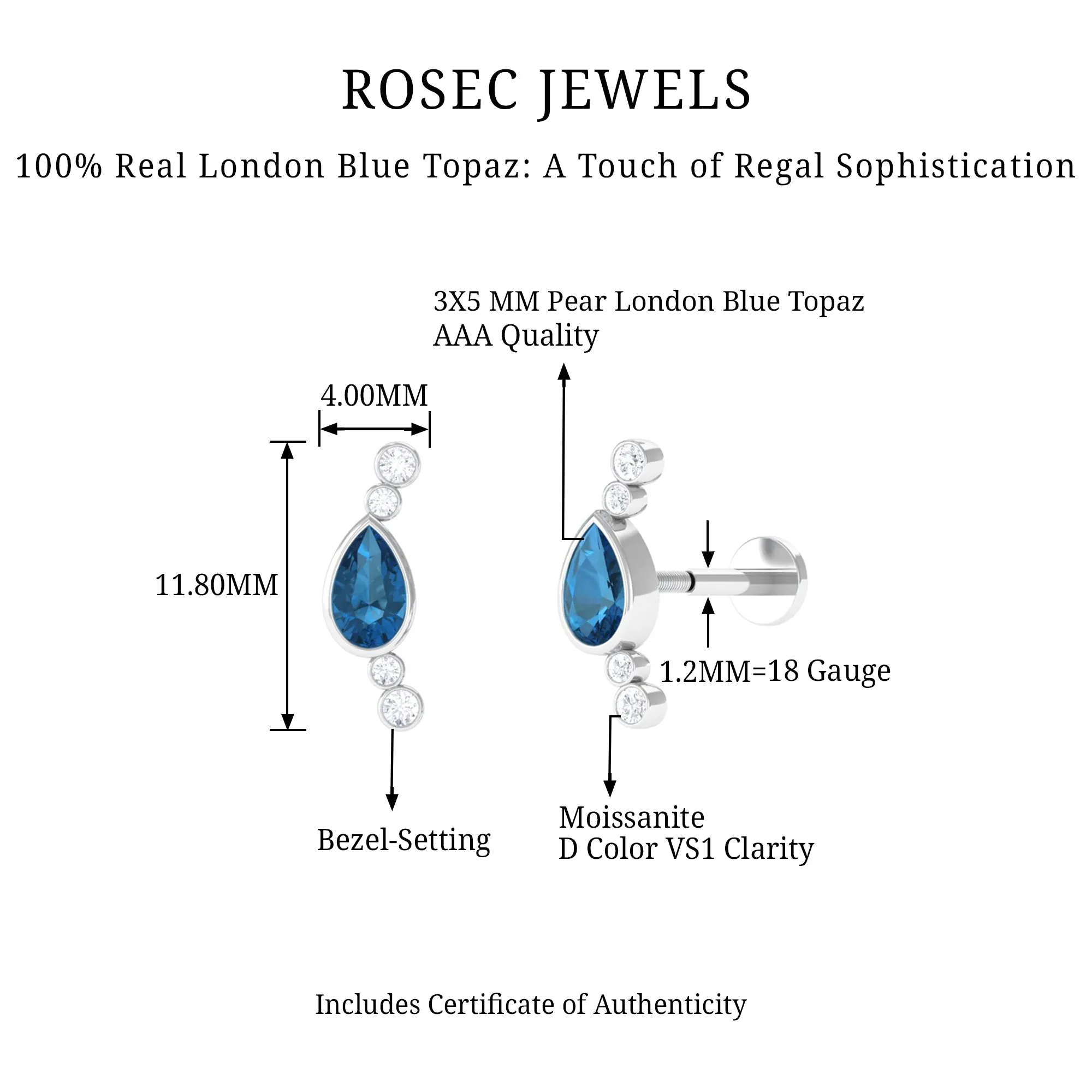Pear London Blue Topaz Crawler Earring with Moissanite