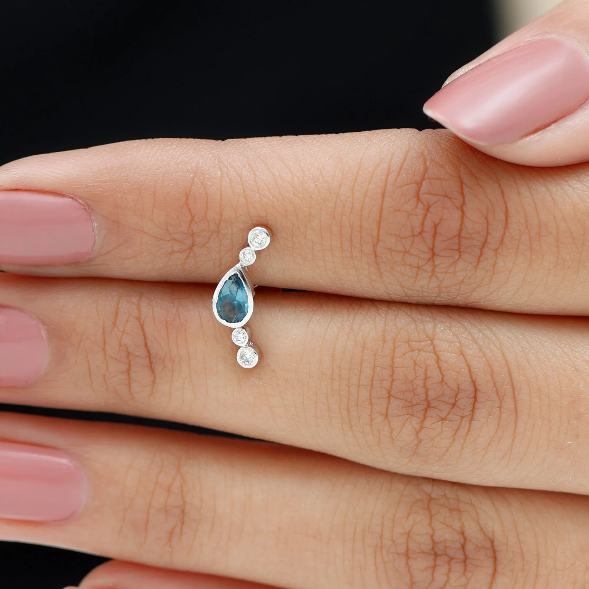 Pear London Blue Topaz Crawler Earring with Moissanite