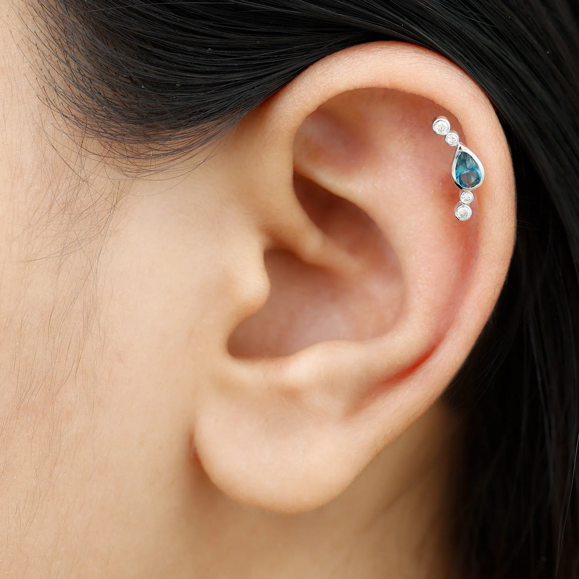 Pear London Blue Topaz Crawler Earring with Moissanite
