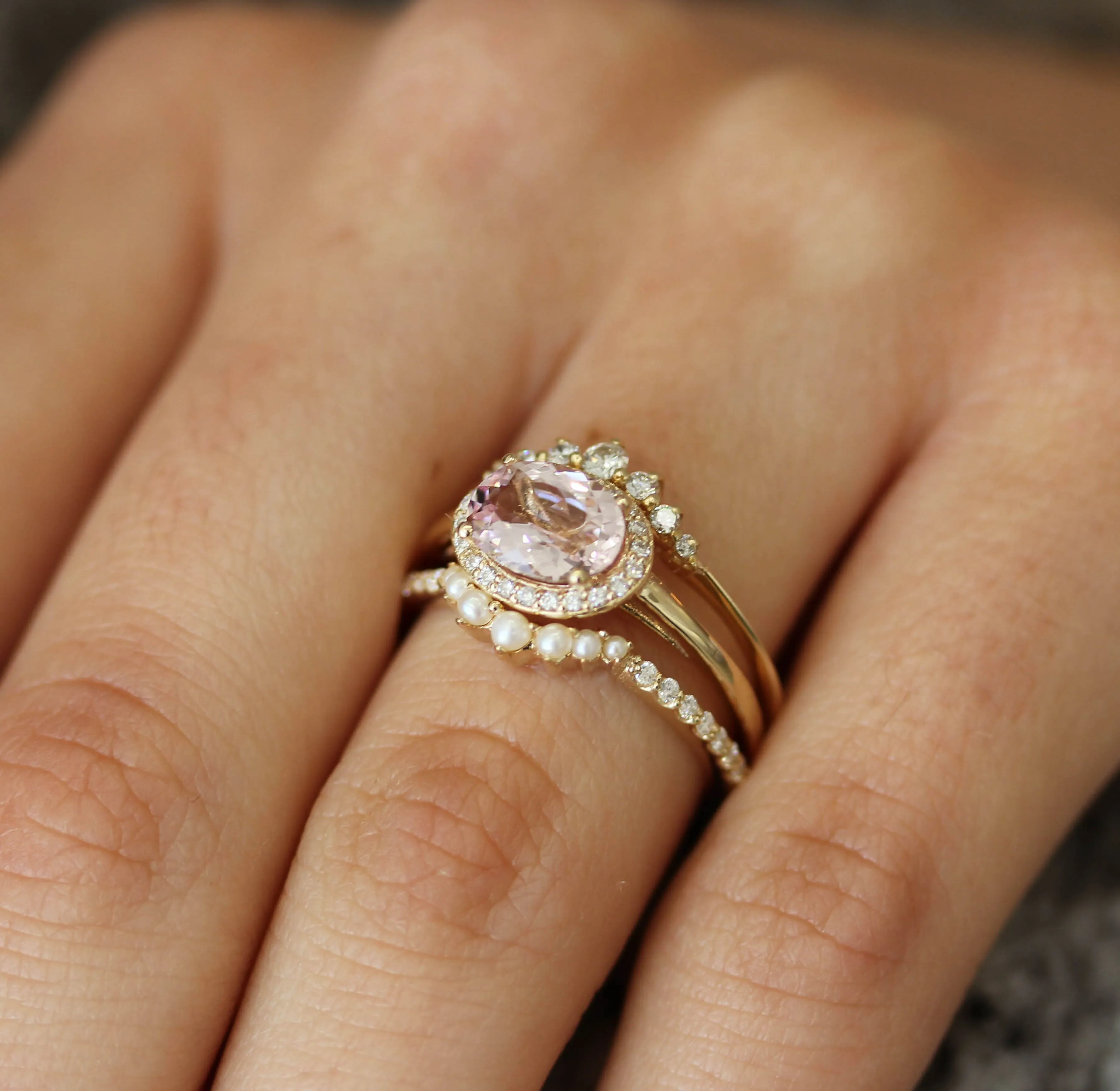 PETITE SEED PEARL TIARA WITH SIDE PAVE DIAMONDS RING