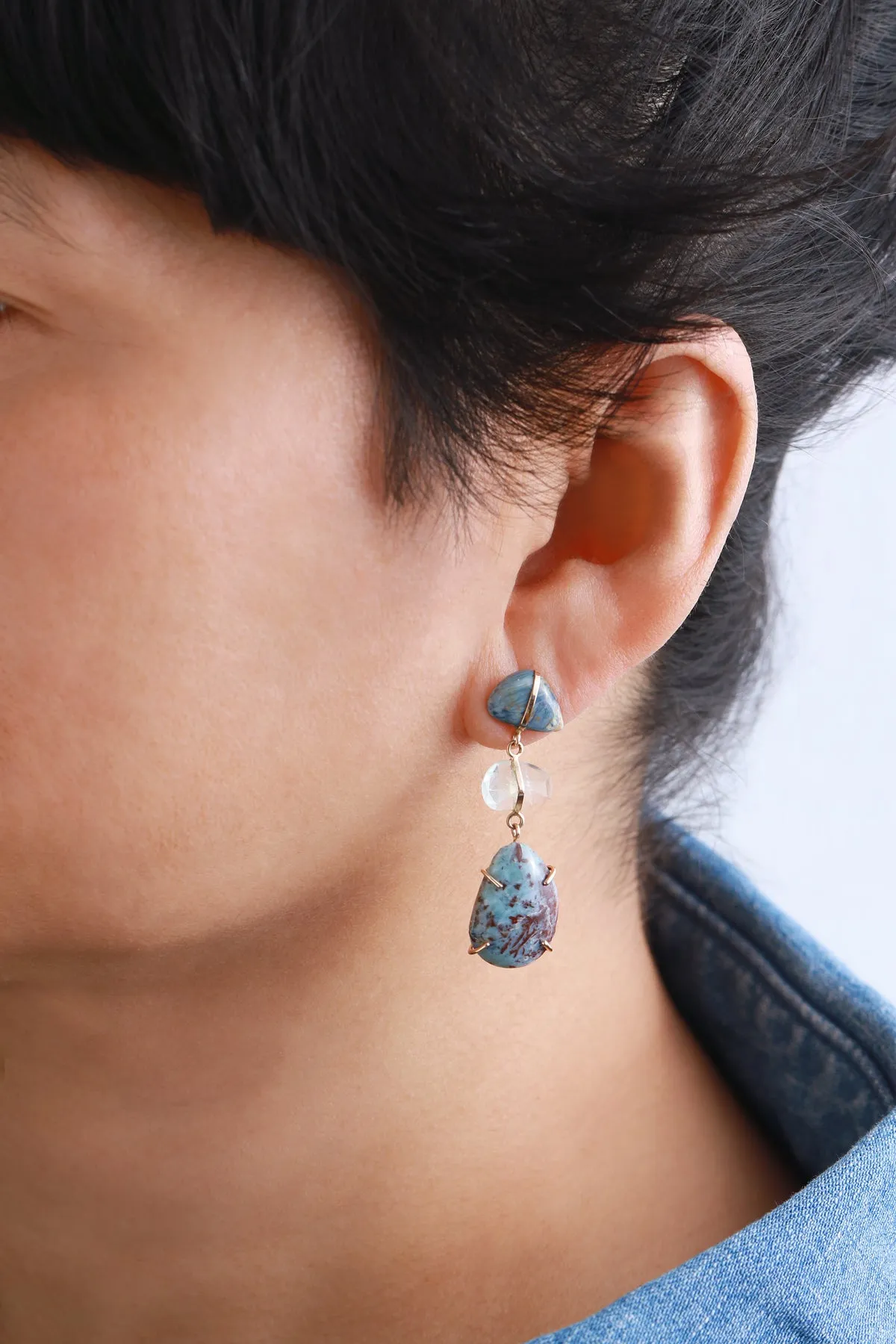 Pietersite, Aquamarine and Larimar Triple Drop Earrings