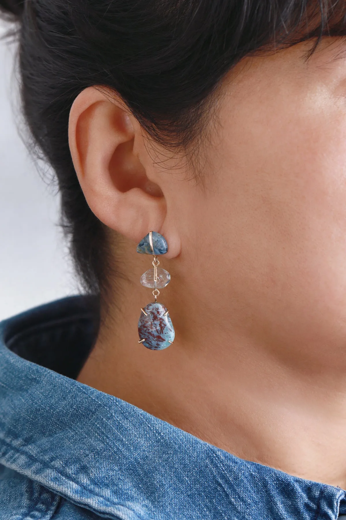 Pietersite, Aquamarine and Larimar Triple Drop Earrings